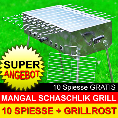 Mangal Mega Edelstahl Schaschlik Grill + 10 Spiesse - SET
