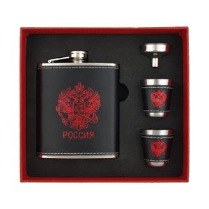 Flask Set - Russia sign on leather red - 210ml.