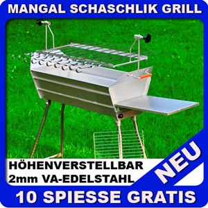 Mangal EURO MEGA V2A 100% Edelstahl Schaschlik Grill + 10 Spiesse SET